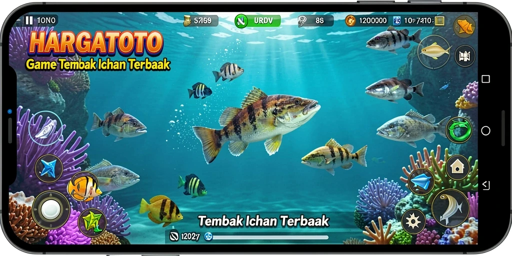 Tampilan gameplay HARGATOTO dengan ikan yang beragam.