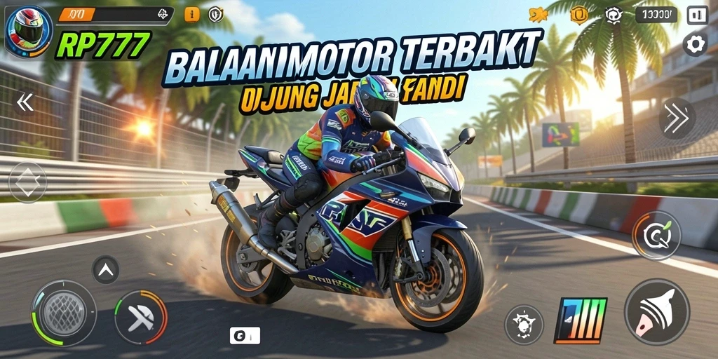Screenshot gameplay RP777 menampilkan aksi balapan motor yang seru dan mendebarkan.